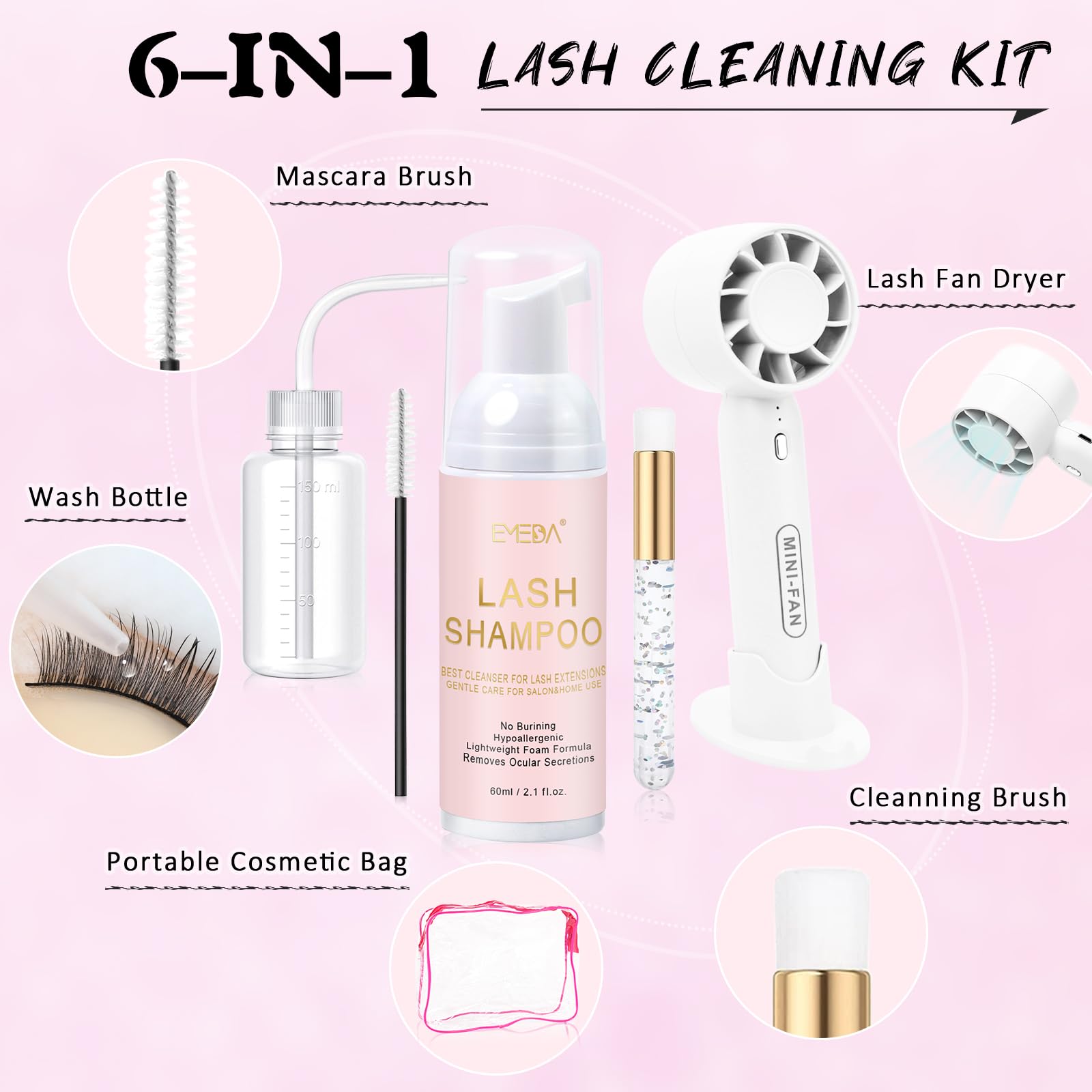 60ML Lash Shampoo Kit | White Mini Lash Fan