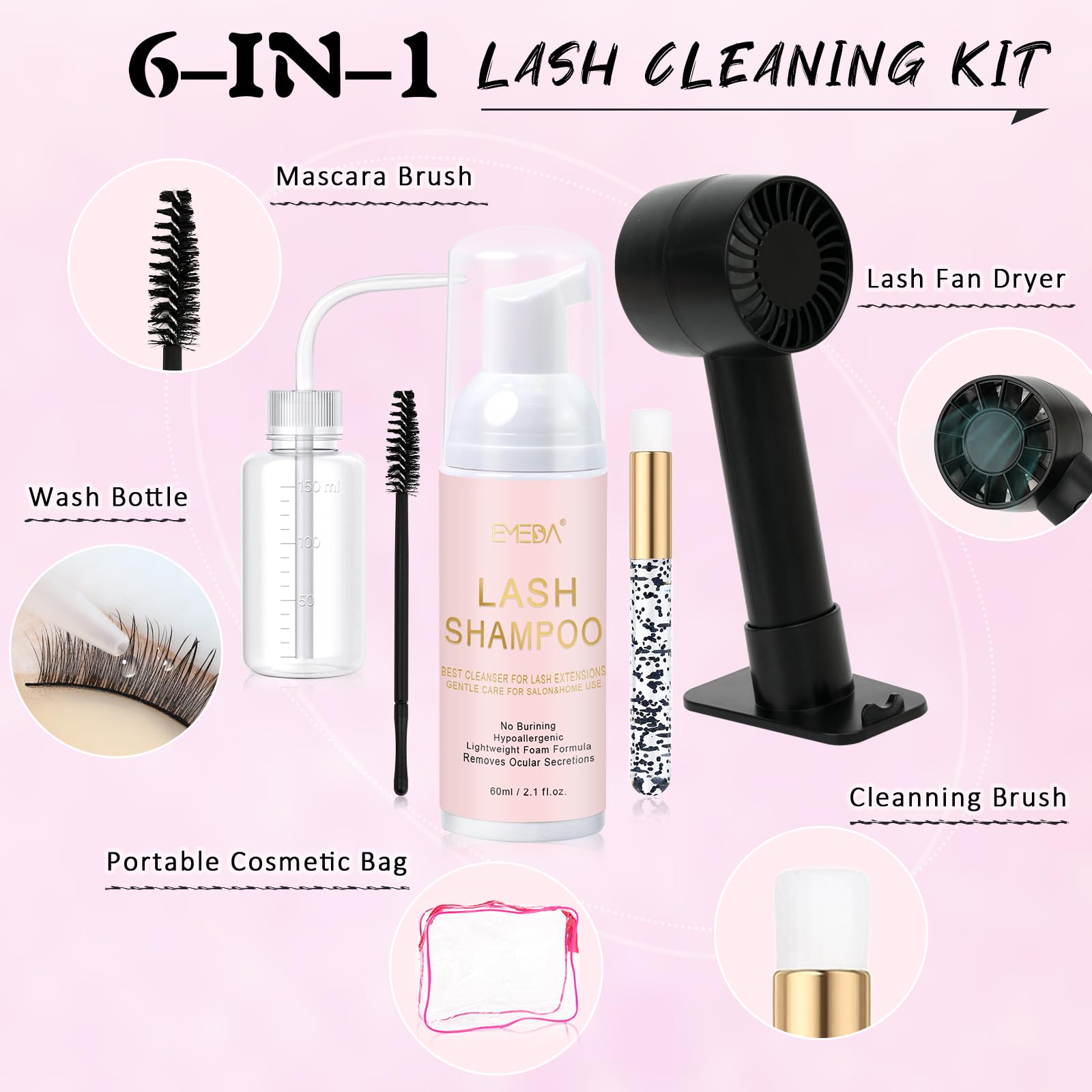 60ML Lash Shampoo Kit | Black Mini Lash Fan