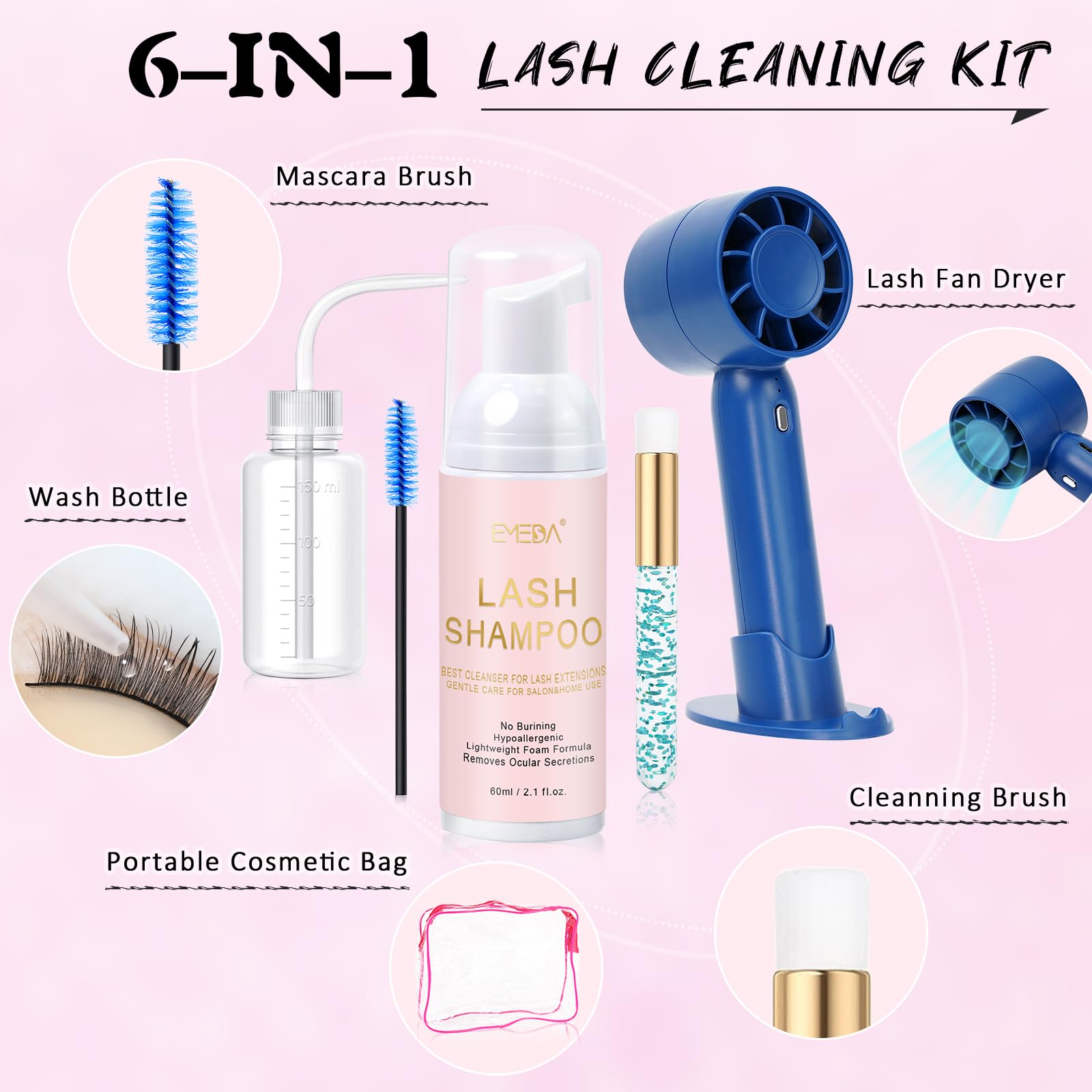 60ML Lash Shampoo Kit | Blue Mini Lash Fan